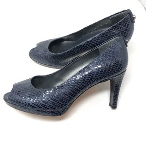 Stuart Weitzman Blue Snake Embossed Leather Peep Toe Heels Sz 7